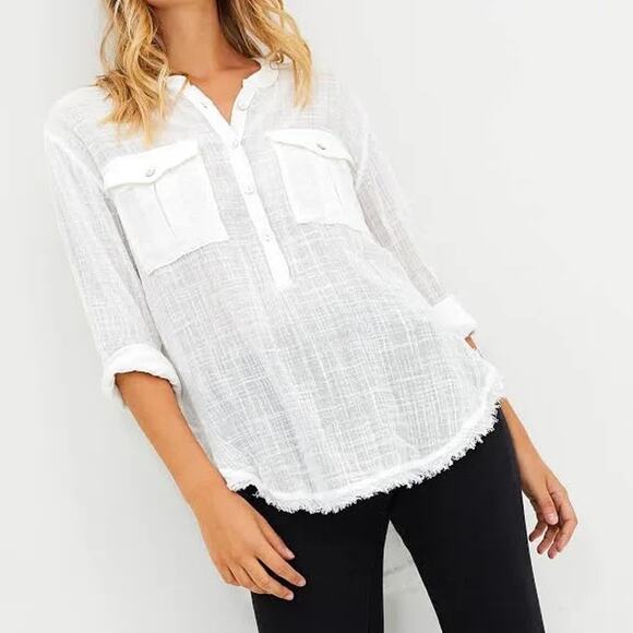Free People Womens Talk To Me Crinkled Henley Shirt, medium - Picture 1 of 8